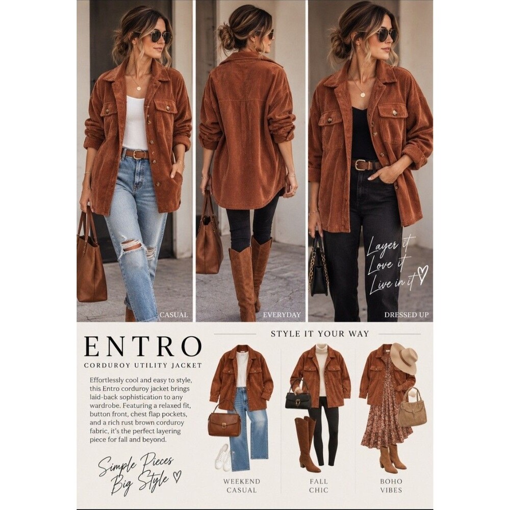 Fall Entro Women’s Brown corduroy Button Front Collared Pockets Relaxed S